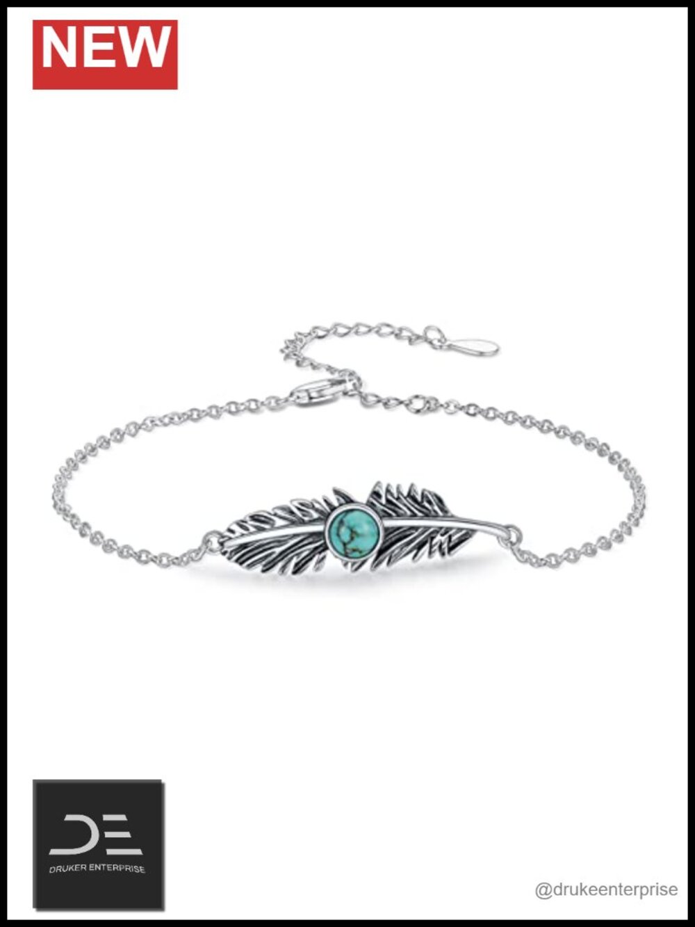 Sterling Silver Natural Turquoise Feather Link Bracelet 7+2 inch